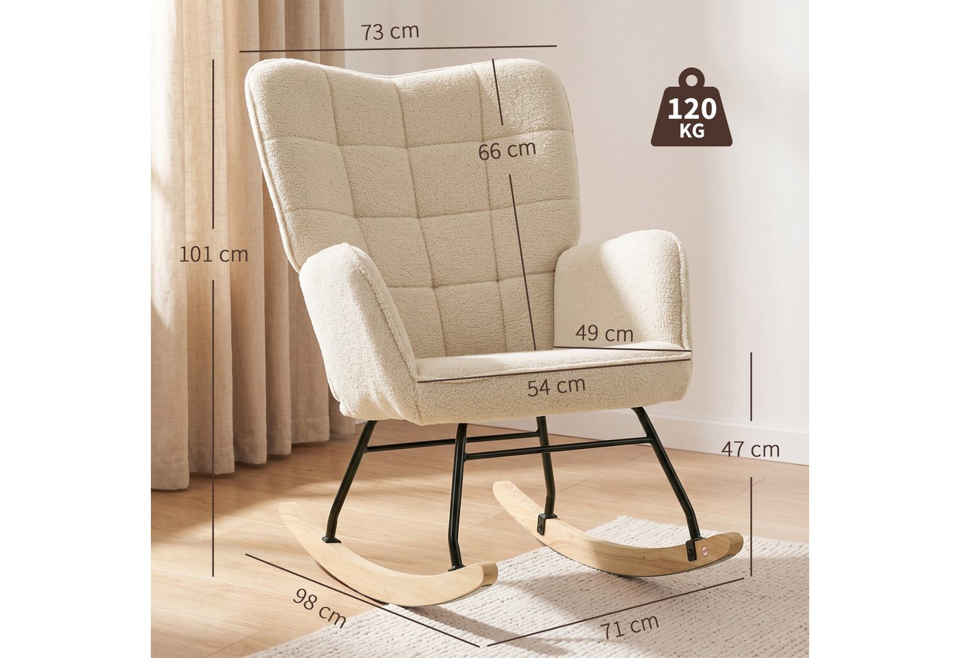 HOMCOM Schaukelstuhl Schaukelsessel, Relaxsessel mit Samtimitat, bis 120kg, Armlehne (Schwingsessel, 1 St), für Wohnzimmer, Beige – Bild 3 von 5