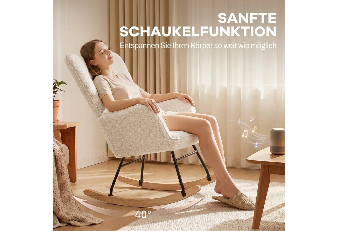 HOMCOM Schaukelstuhl Schaukelsessel, Relaxsessel mit Samtimitat, bis 120kg, Armlehne (Schwingsessel, 1 St), für Wohnzimmer, Beige – Bild 4 von 5