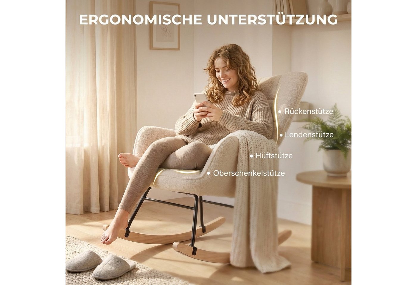 HOMCOM Schaukelstuhl Schaukelsessel, Relaxsessel mit Samtimitat, bis 120kg, Armlehne (Schwingsessel, 1 St), für Wohnzimmer, Beige – Bild 5 von 5