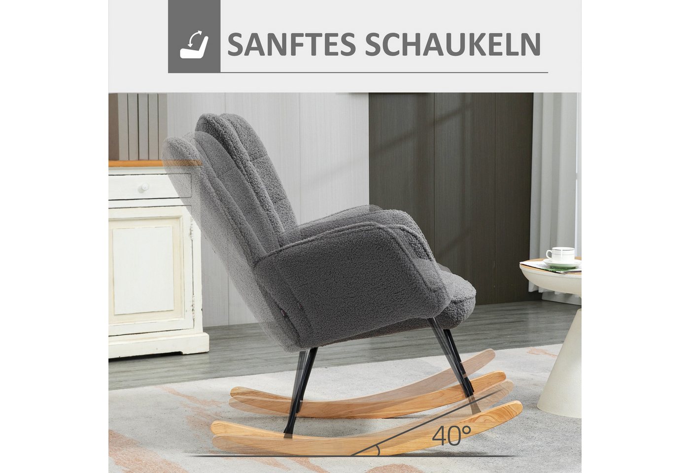 HOMCOM Schaukelstuhl Schaukelsessel, Relaxsessel mit Samtimitat, bis 120kg, Armlehne (Schwingsessel, 1 St), für Wohnzimmer, Dunkelgrau – Bild 4 von 5