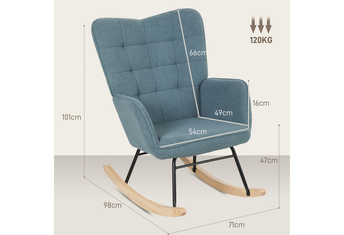HOMCOM Schaukelstuhl Schaukelsessel, Relaxsessel mit Samtimitat, bis 120kg, Armlehne (Schwingsessel, 1 St), für Wohnzimmer, Hellblau – Bild 3 von 5