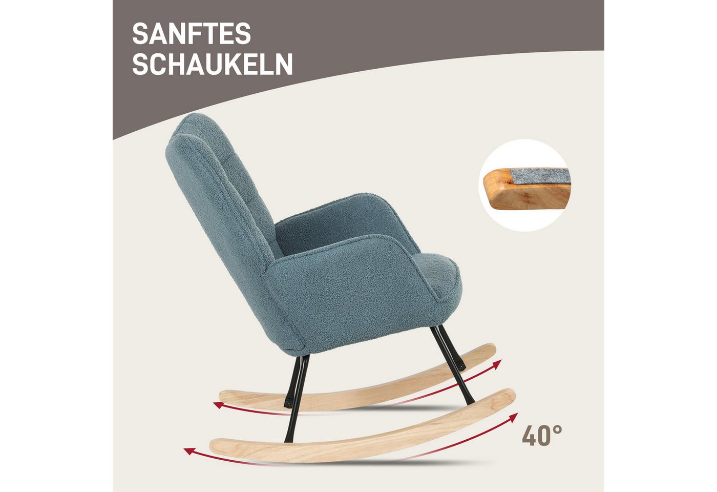 HOMCOM Schaukelstuhl Schaukelsessel, Relaxsessel mit Samtimitat, bis 120kg, Armlehne (Schwingsessel, 1 St), für Wohnzimmer, Hellblau – Bild 4 von 5