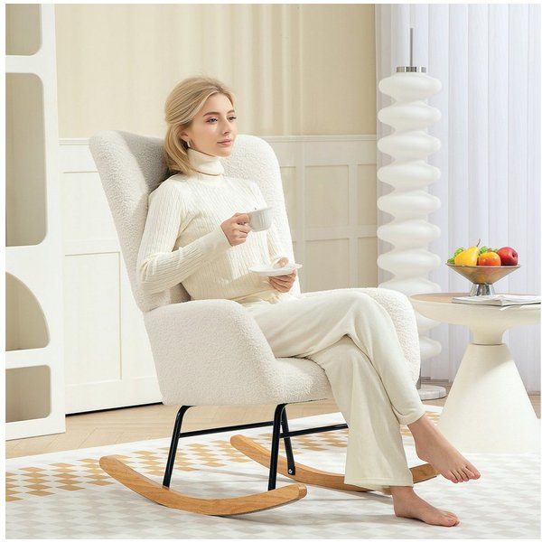 HOMCOM Schaukelstuhl Schaukelsessel, Teddysamt-Optik, Relaxsessel mit Holzkufen (Relaxsessel mit Holzkufen, Schwingsessel, 1 St), Stillsessel für Schlafzimmer, 