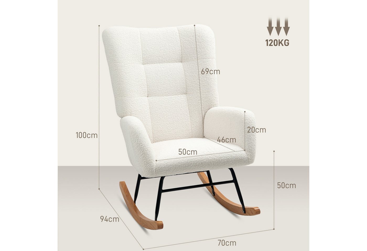 HOMCOM Schaukelstuhl Schaukelsessel, Teddysamt-Optik, Relaxsessel mit Holzkufen (Relaxsessel mit Holzkufen, Schwingsessel, 1 St), Stillsessel für Schlafzimmer,  – Bild 3 von 5