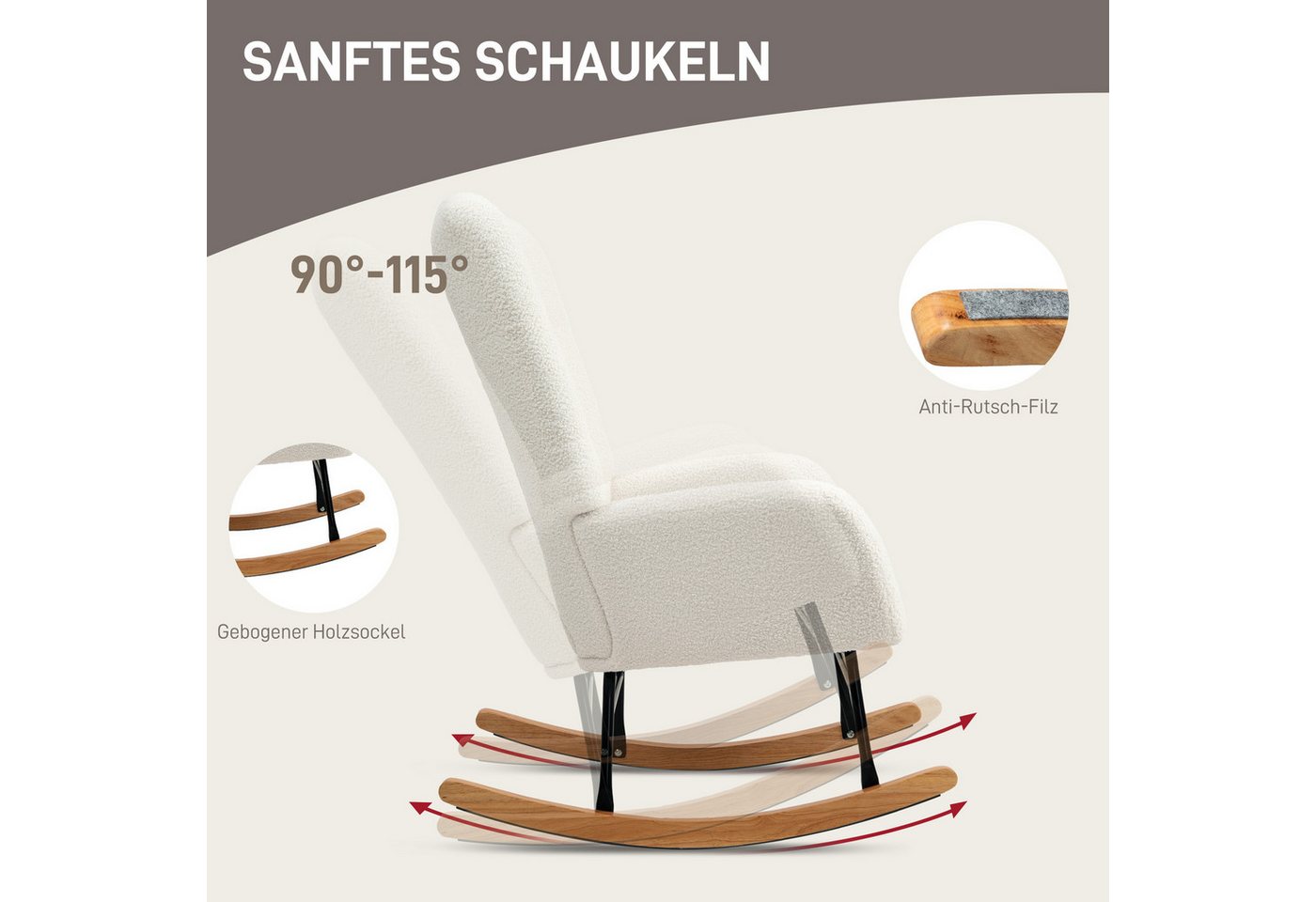 HOMCOM Schaukelstuhl Schaukelsessel, Teddysamt-Optik, Relaxsessel mit Holzkufen (Relaxsessel mit Holzkufen, Schwingsessel, 1 St), Stillsessel für Schlafzimmer,  – Bild 4 von 5