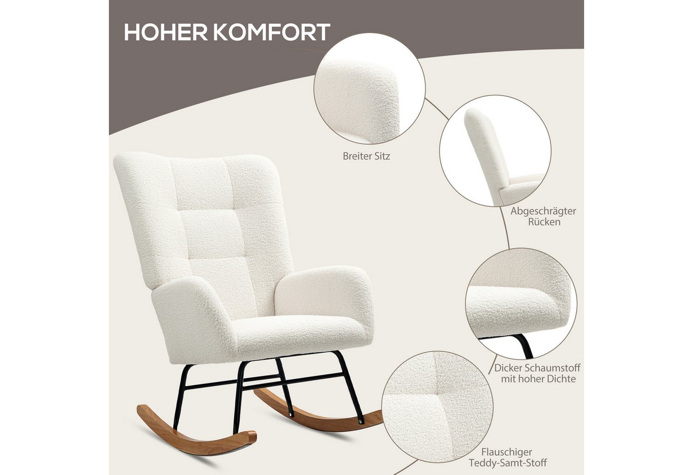 HOMCOM Schaukelstuhl Schaukelsessel, Teddysamt-Optik, Relaxsessel mit Holzkufen (Relaxsessel mit Holzkufen, Schwingsessel, 1 St), Stillsessel für Schlafzimmer,  – Bild 5 von 5