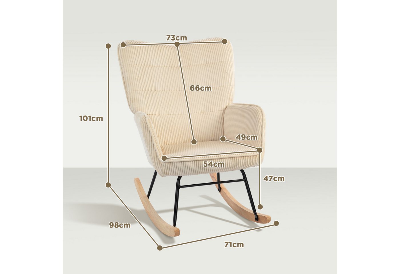 HOMCOM Schaukelstuhl Schaukelsessel, Relaxsessel mit Samtimitat, bis 120kg, Armlehne (Schaukelsessel, 1 St), für Wohnzimmer, Schlafzimmer, Beige – Bild 3 von 5