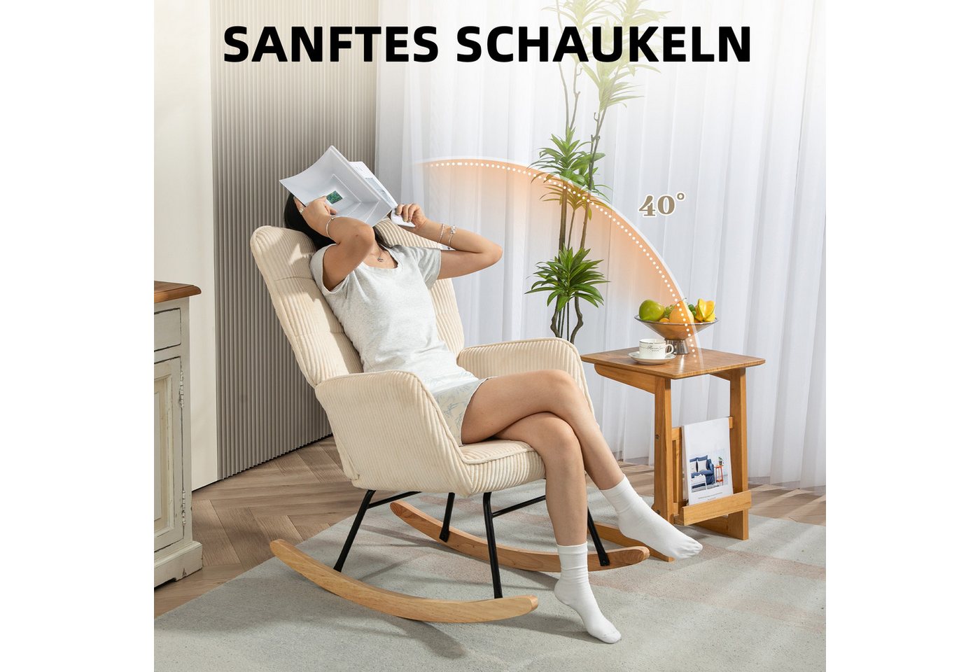 HOMCOM Schaukelstuhl Schaukelsessel, Relaxsessel mit Samtimitat, bis 120kg, Armlehne (Schaukelsessel, 1 St), für Wohnzimmer, Schlafzimmer, Beige – Bild 4 von 5