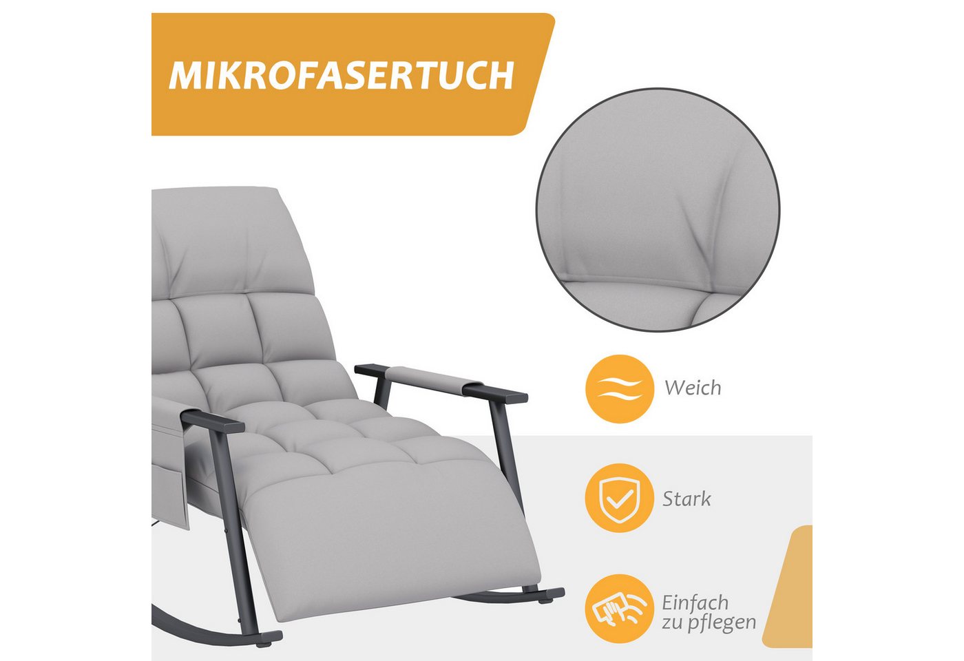 HOMCOM Schaukelstuhl Sessel, Relaxsessel mit Mikrofasertuch Schwingsessel, Balkon (Schaukelsessel, 1 St), für Wohnzimmer, Schlafzimmer, Grau – Bild 5 von 5