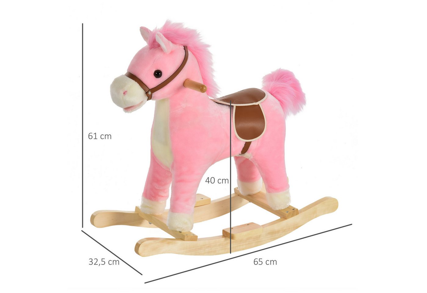 HOMCOM Schaukeltier mit Tiergeräusche Spielzeug Haltegriffe für 36-72 Monate Plüsch Rosa, (1 tlg), Rosa 65 x 32.5 x 61 cm – Bild 3 von 5