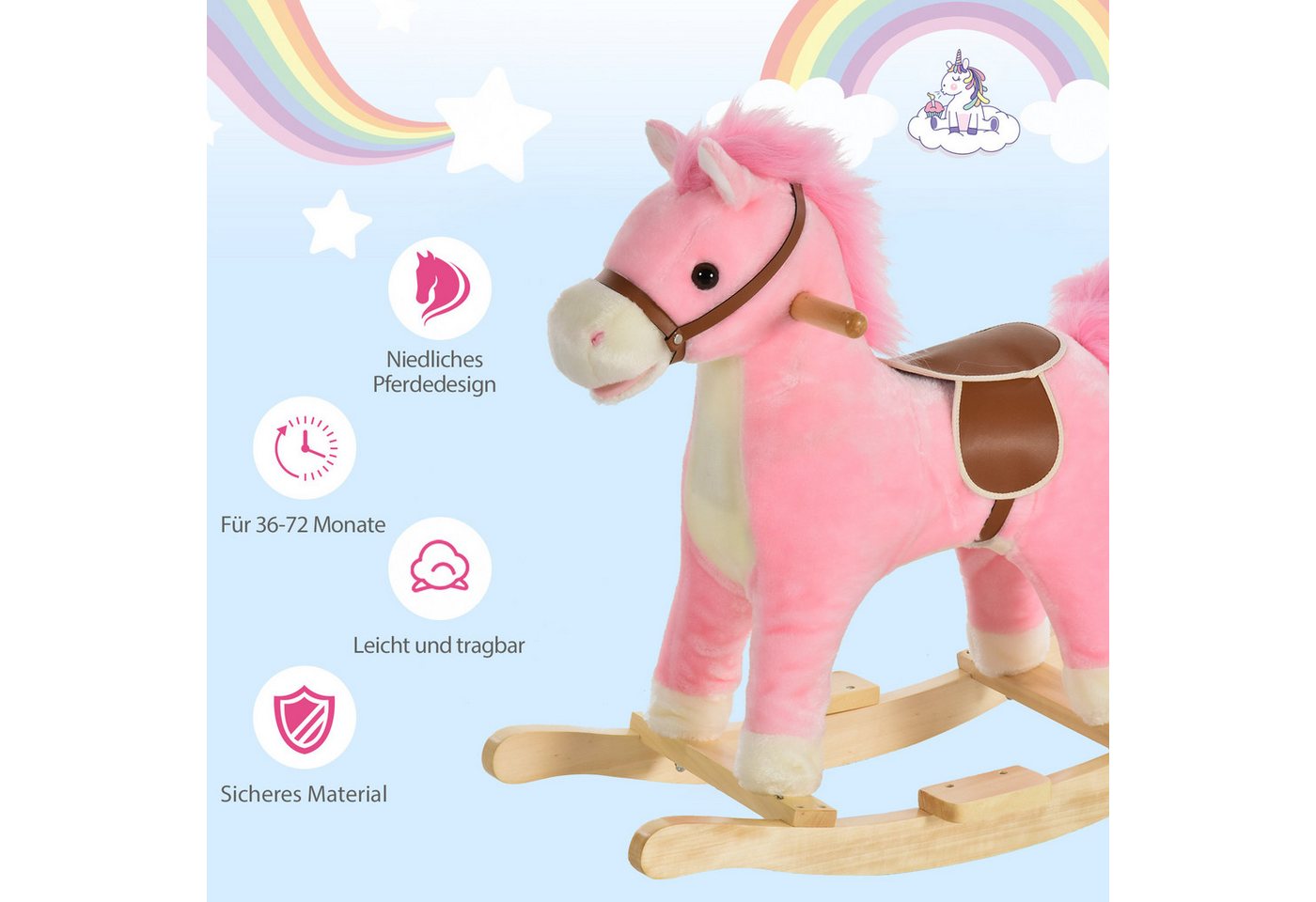HOMCOM Schaukeltier mit Tiergeräusche Spielzeug Haltegriffe für 36-72 Monate Plüsch Rosa, (1 tlg), Rosa 65 x 32.5 x 61 cm – Bild 4 von 5