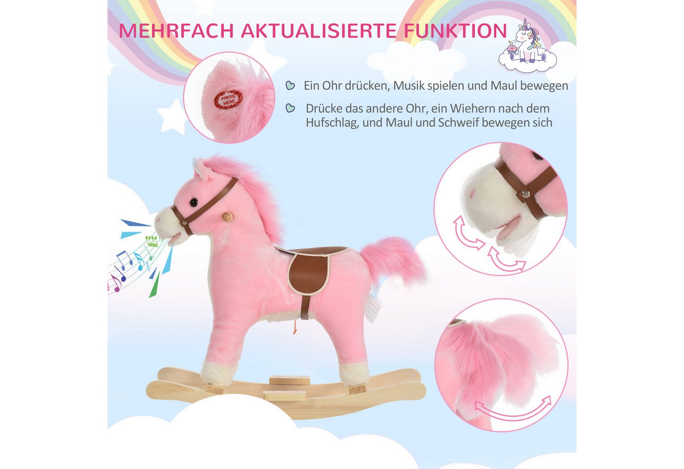 HOMCOM Schaukeltier mit Tiergeräusche Spielzeug Haltegriffe für 36-72 Monate Plüsch Rosa, (1 tlg), Rosa 65 x 32.5 x 61 cm – Bild 5 von 5