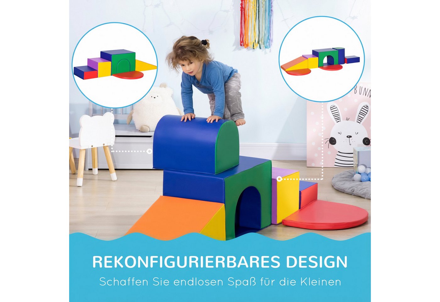 HOMCOM Schaumstoff Bausteine Softbausteine Grossbausteine Mehrfarbig Spielbausteine, (Schaumstoffblöcke, 7 St., Riesenbausteine), für 1-3 Jahre alt Kinder Kunst – Bild 4 von 5