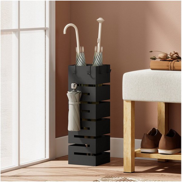 HOMCOM Schirmständer Regenschirmständer, Quadratisch, mit 4 Haken für Eingangsbereich (Set, 1 St., Schirmständer mit Abtropfschale), Modern, Schwarz, Metall