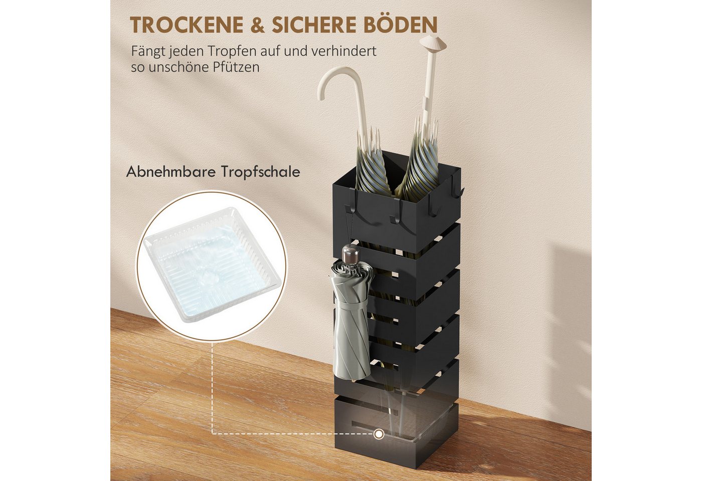 HOMCOM Schirmständer Regenschirmständer, Quadratisch, mit 4 Haken für Eingangsbereich (Set, 1 St., Schirmständer mit Abtropfschale), Modern, Schwarz, Metall – Bild 4 von 5