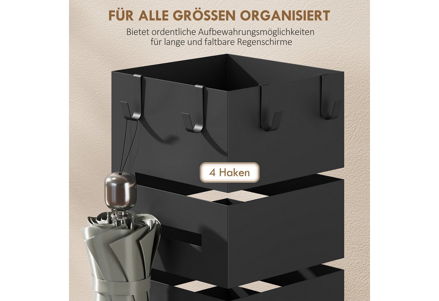 HOMCOM Schirmständer Regenschirmständer, Quadratisch, mit 4 Haken für Eingangsbereich (Set, 1 St., Schirmständer mit Abtropfschale), Modern, Schwarz, Metall – Bild 5 von 5