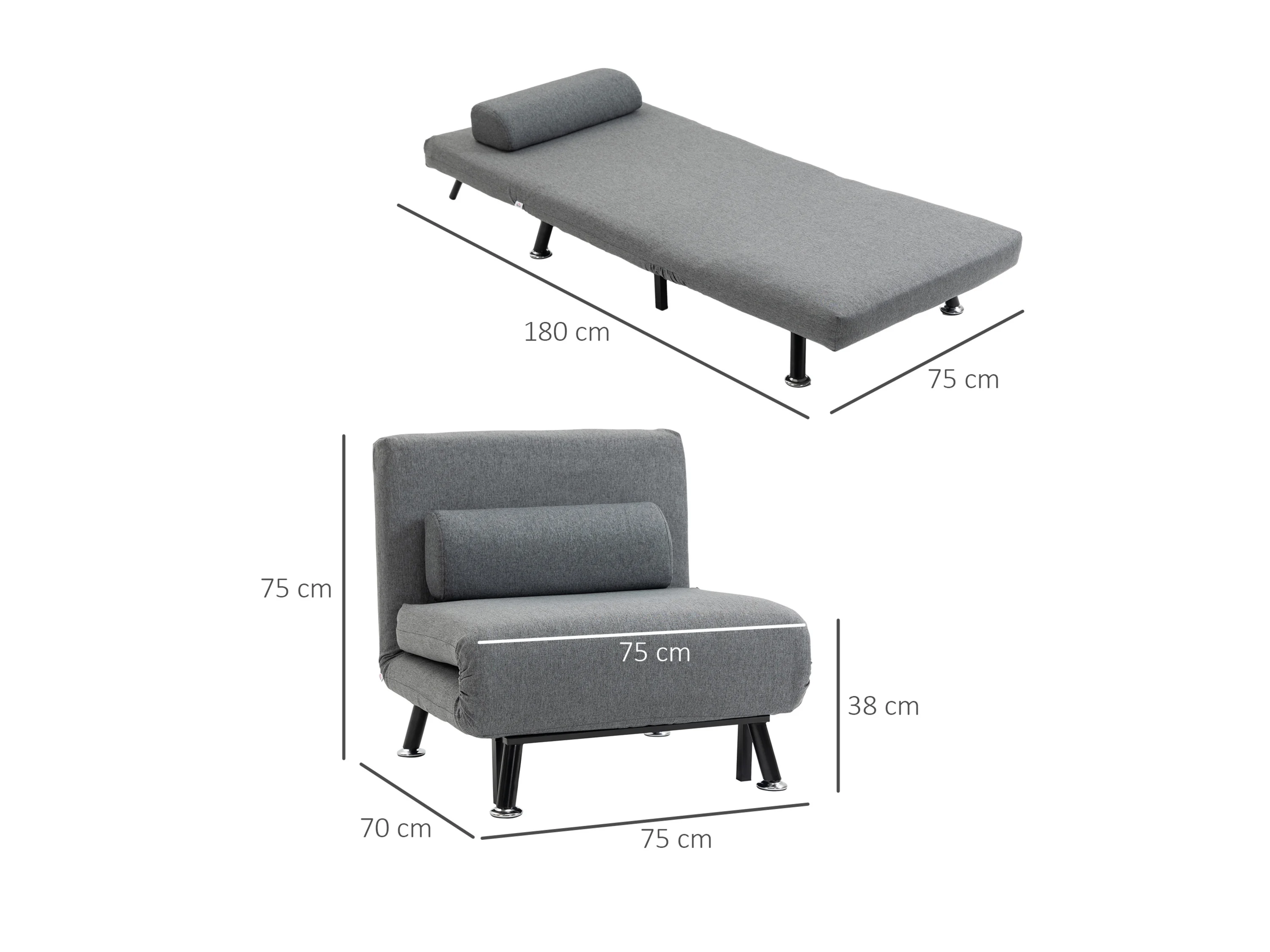HOMCOM Schlafsessel (Breite 75 cm, Dunkelgrau) – Bild 3 von 4