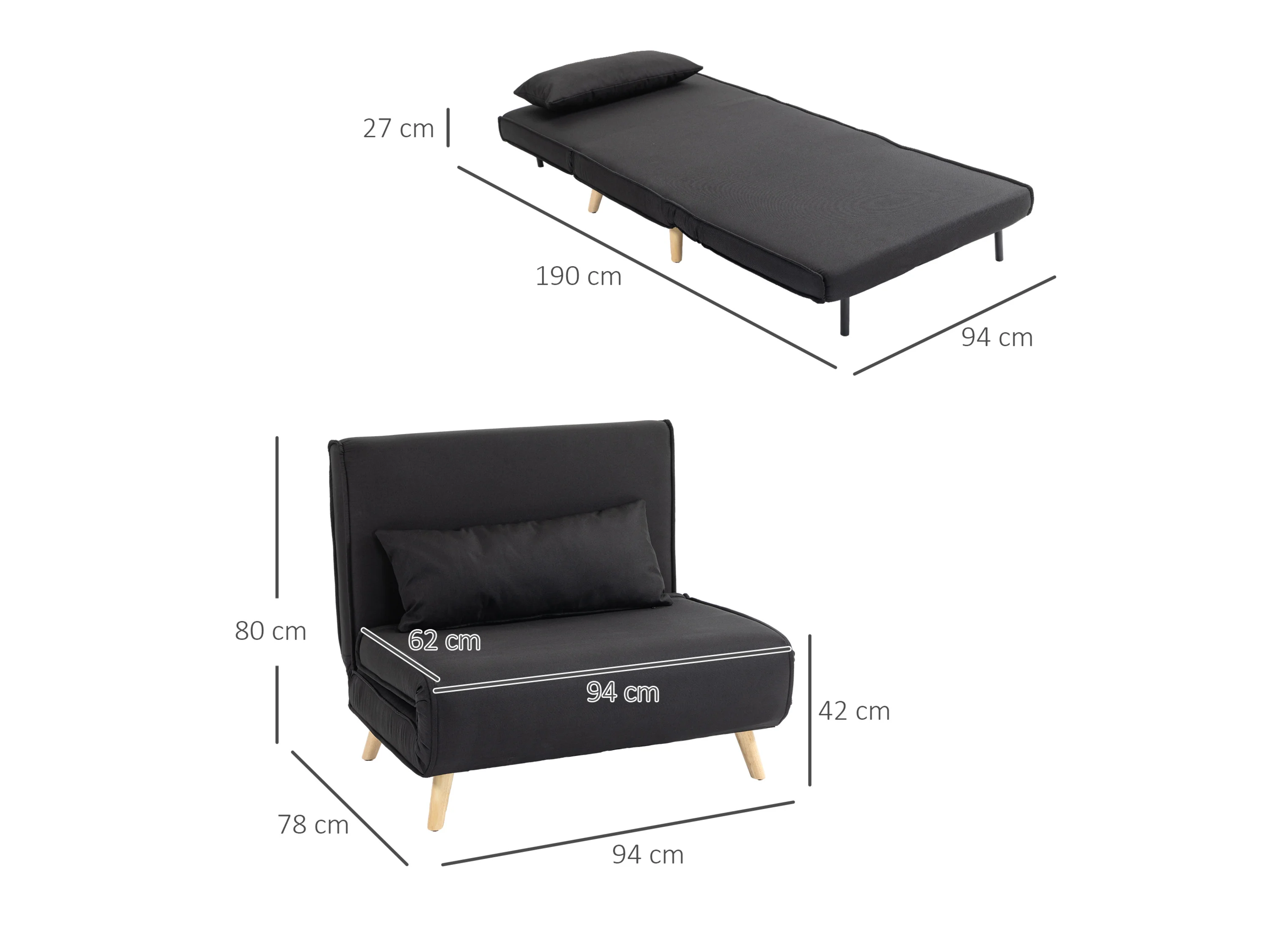 HOMCOM Schlafsessel (Breite 94 cm, Anthrazit) – Bild 3 von 3
