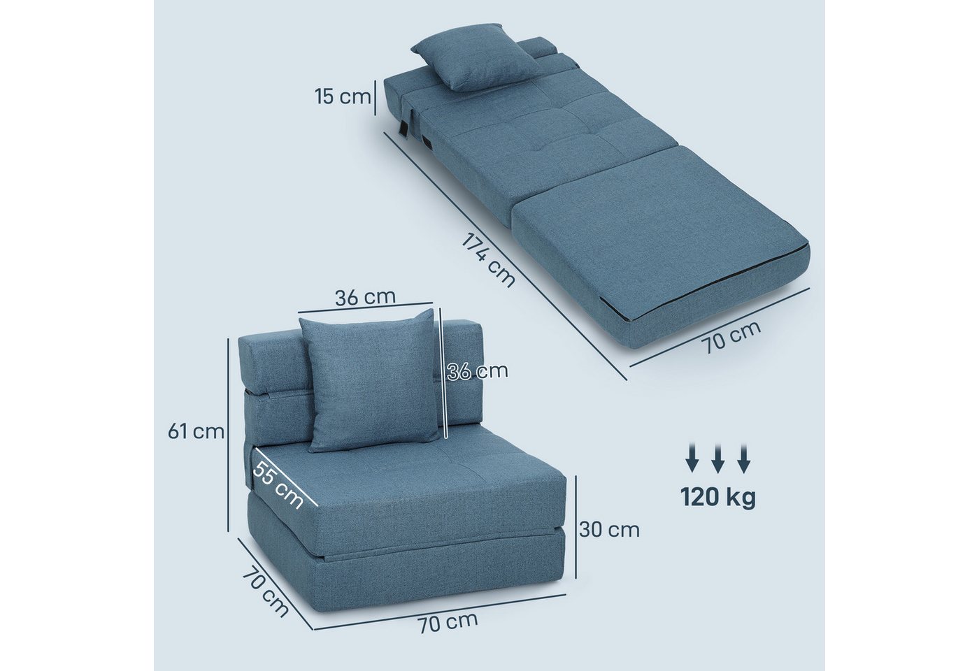 HOMCOM Schlafsofa 2-in-1 Klappsessel mit Bettfunktion, Relaxsessel mit Kissen, Schlafsessel klappbar 1 Teile, für Wohnzimmer, Schlafzimmer, bis 120 kg Belastbar – Bild 3 von 5
