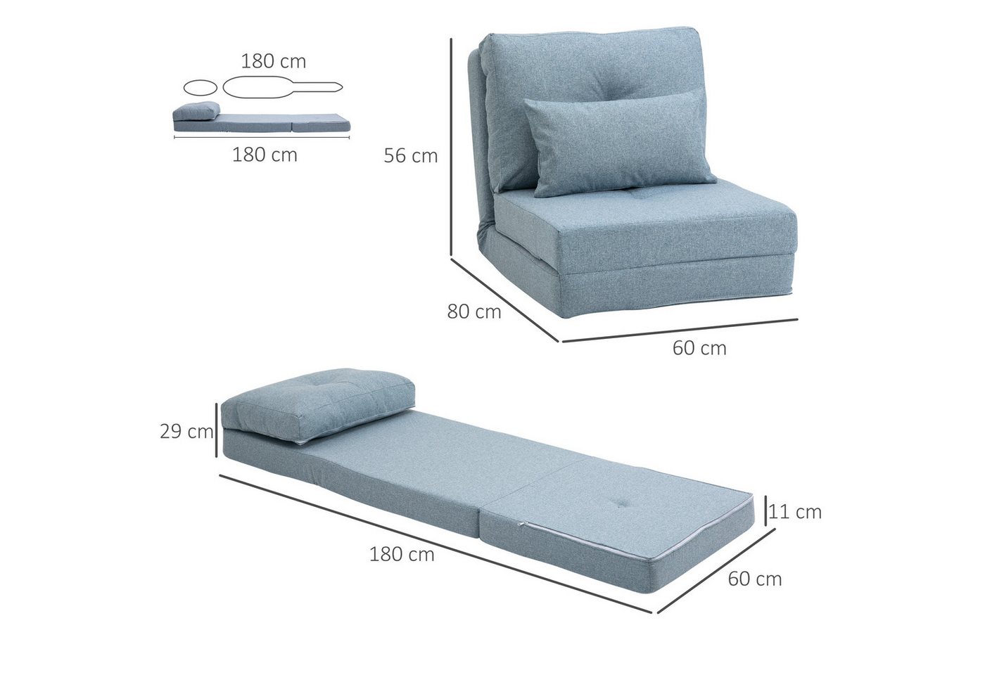 HOMCOM Schlafsofa 2 in 1 Schlafsessel klappbar mit Bettfunktion 60 x 80 x 56 cm, Bodensofa 1 Teile, für Wohnzimmer, Schlafzimmer, Leinen, Himmelblau – Bild 3 von 5