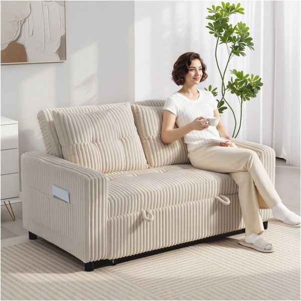 HOMCOM Schlafsofa 2-Sitzer Sofa, Schlafcouch mit Seitentasche, Kordoptik, 157x190cm, Verstellbare Couch 1 Teile, 2-Sitzer-Polstersofa mit verstellbarer Rückenle