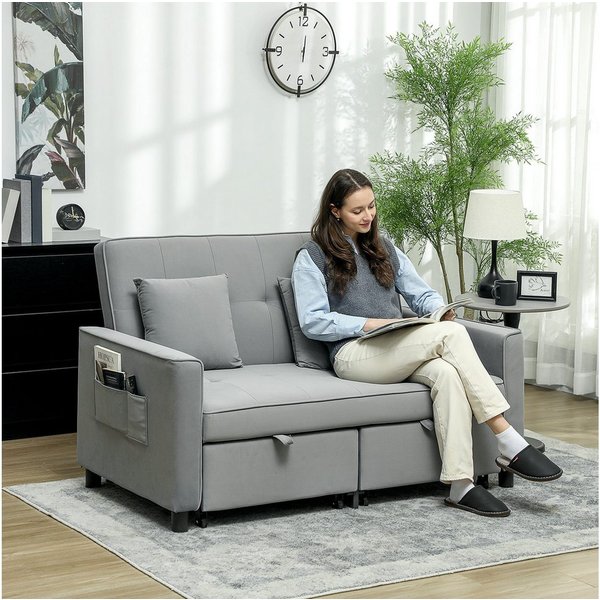 HOMCOM Schlafsofa 2-Sitzer Sofa, Samtoptik, L-förmige Schlafcouch, Rollen, Verstellbare Couch, Sofabett 1 Teile, für Wohnzimmer, Schlafzimmer, Grau