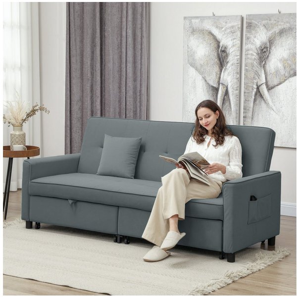 HOMCOM Schlafsofa 3-in-1 Klappsofa mit Schlaffunktion, verstellbare Rückenlehne, 3-Sitzer-Schlafcouch 1 Teile, für Wohnzimmer, Schlafzimmer, Grau