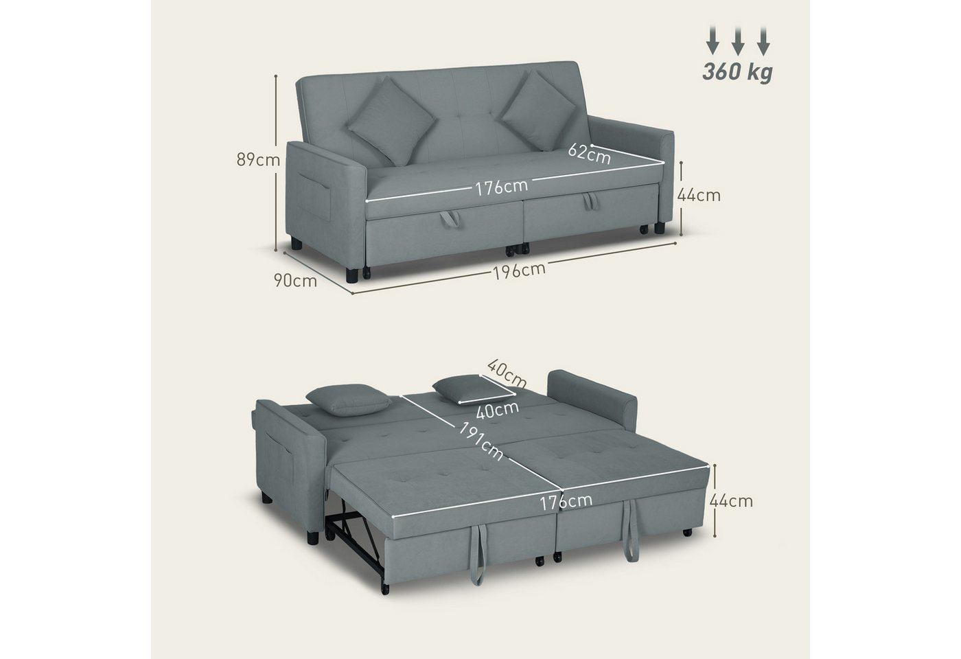 HOMCOM Schlafsofa 3-in-1 Klappsofa mit Schlaffunktion, verstellbare Rückenlehne, 3-Sitzer-Schlafcouch 1 Teile, für Wohnzimmer, Schlafzimmer, Grau – Bild 3 von 5
