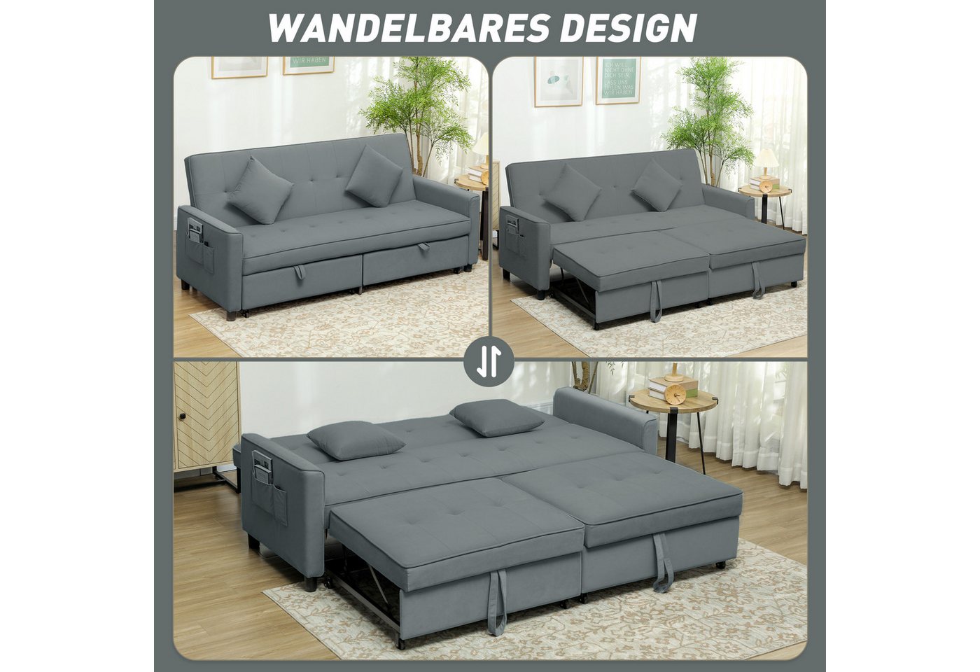 HOMCOM Schlafsofa 3-in-1 Klappsofa mit Schlaffunktion, verstellbare Rückenlehne, 3-Sitzer-Schlafcouch 1 Teile, für Wohnzimmer, Schlafzimmer, Grau – Bild 4 von 5