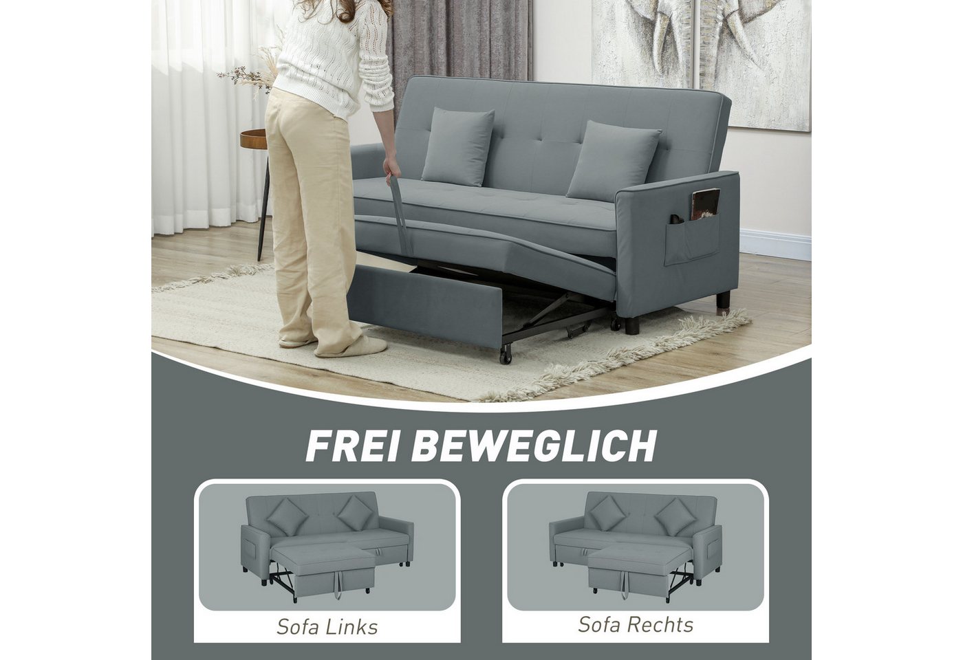 HOMCOM Schlafsofa 3-in-1 Klappsofa mit Schlaffunktion, verstellbare Rückenlehne, 3-Sitzer-Schlafcouch 1 Teile, für Wohnzimmer, Schlafzimmer, Grau – Bild 5 von 5