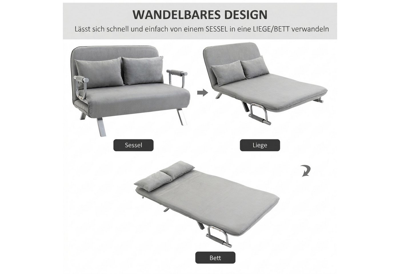 HOMCOM Schlafsofa 3 in 1 Schlafsessel, klappbar, mit Bettfunktion, Kissen, Hellgrau, Schlafsessel 1 Teile, für Wohnzimmer, Schlafzimmer, Hellgrau – Bild 4 von 5