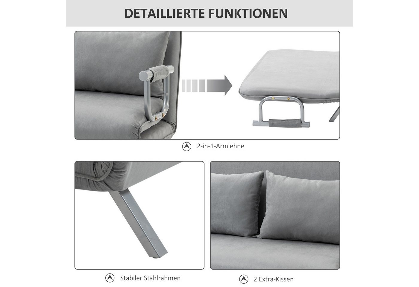 HOMCOM Schlafsofa 3 in 1 Schlafsessel, klappbar, mit Bettfunktion, Kissen, Hellgrau, Schlafsessel 1 Teile, für Wohnzimmer, Schlafzimmer, Hellgrau – Bild 5 von 5