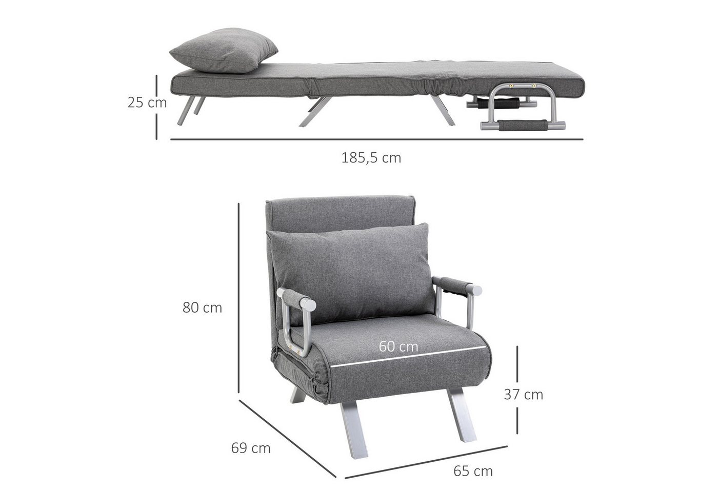 HOMCOM Schlafsofa 3 in 1 Schlafsessel, Klappsessel mit Bettfunktion, Kissen, Grau, Schlafcouch 1 Teile, für Wohnzimmer, Hellgrau – Bild 3 von 5
