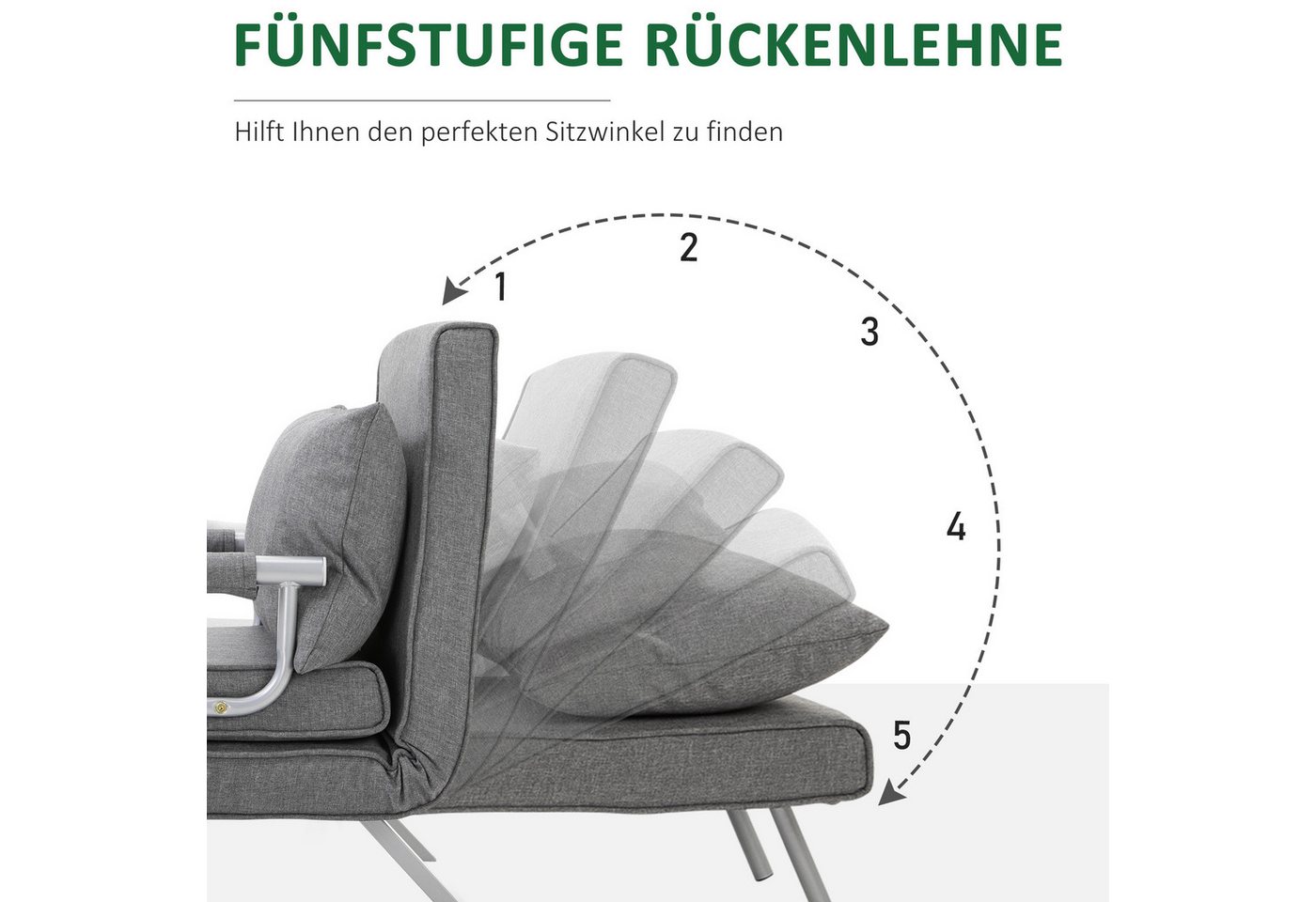 HOMCOM Schlafsofa 3 in 1 Schlafsessel, Klappsessel mit Bettfunktion, Kissen, Grau, Schlafcouch 1 Teile, für Wohnzimmer, Hellgrau – Bild 4 von 5