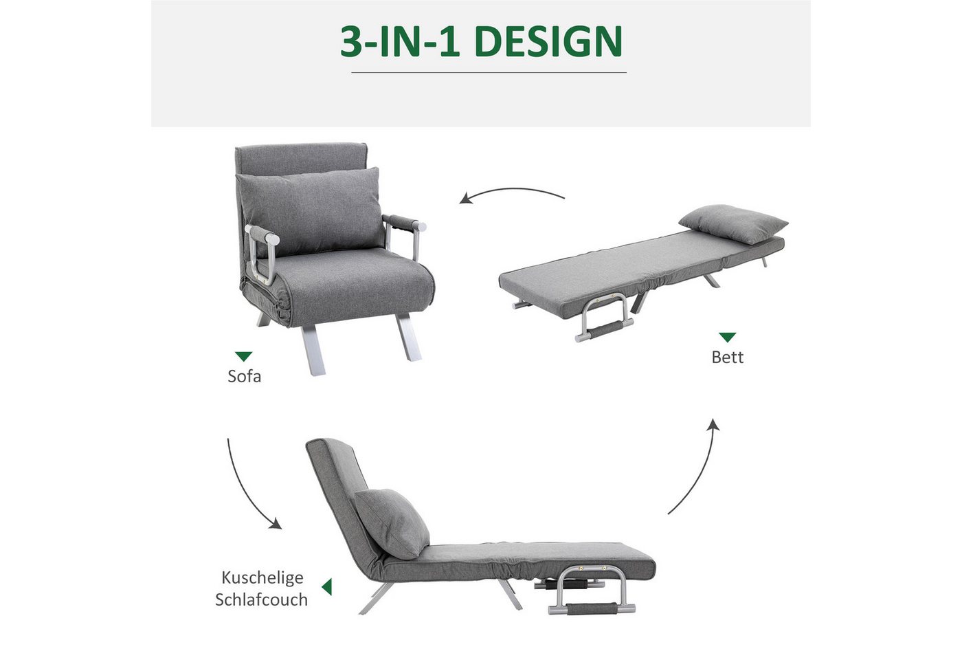 HOMCOM Schlafsofa 3 in 1 Schlafsessel, Klappsessel mit Bettfunktion, Kissen, Grau, Schlafcouch 1 Teile, für Wohnzimmer, Hellgrau – Bild 5 von 5