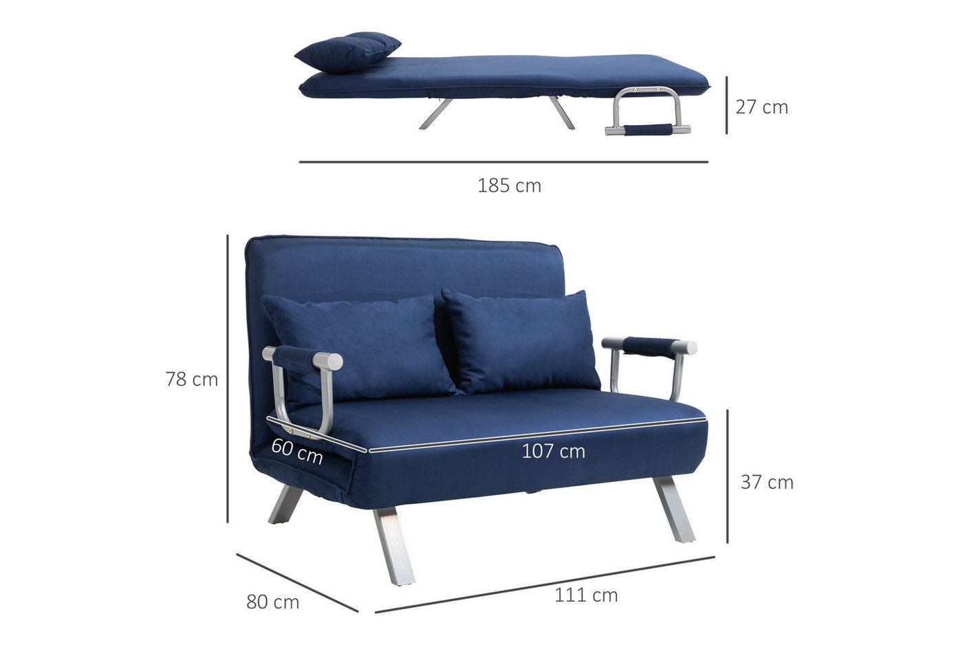 HOMCOM Schlafsofa 3 in 1 Schlafsessel, klappbar, mit Bettfunktion, Kissen, Blau, Schlafsessel 1 Teile, für Wohnzimmer, Schlafzimmer, Blau – Bild 3 von 5
