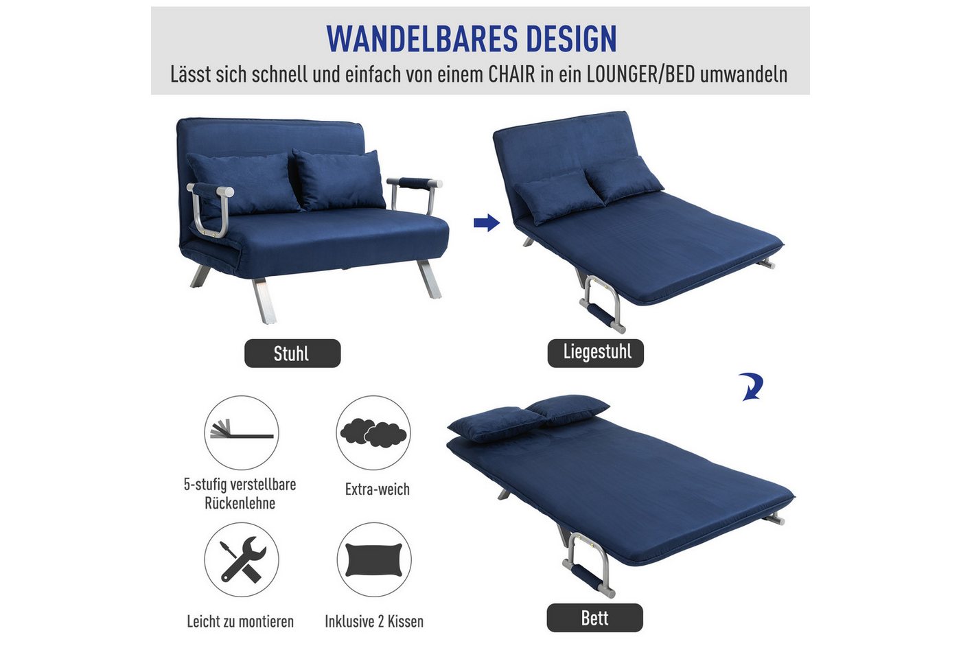 HOMCOM Schlafsofa 3 in 1 Schlafsessel, klappbar, mit Bettfunktion, Kissen, Blau, Schlafsessel 1 Teile, für Wohnzimmer, Schlafzimmer, Blau – Bild 4 von 5