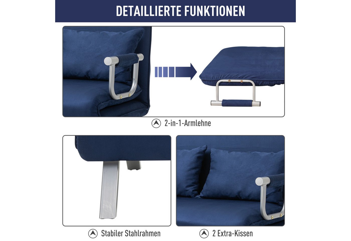 HOMCOM Schlafsofa 3 in 1 Schlafsessel, klappbar, mit Bettfunktion, Kissen, Blau, Schlafsessel 1 Teile, für Wohnzimmer, Schlafzimmer, Blau – Bild 5 von 5