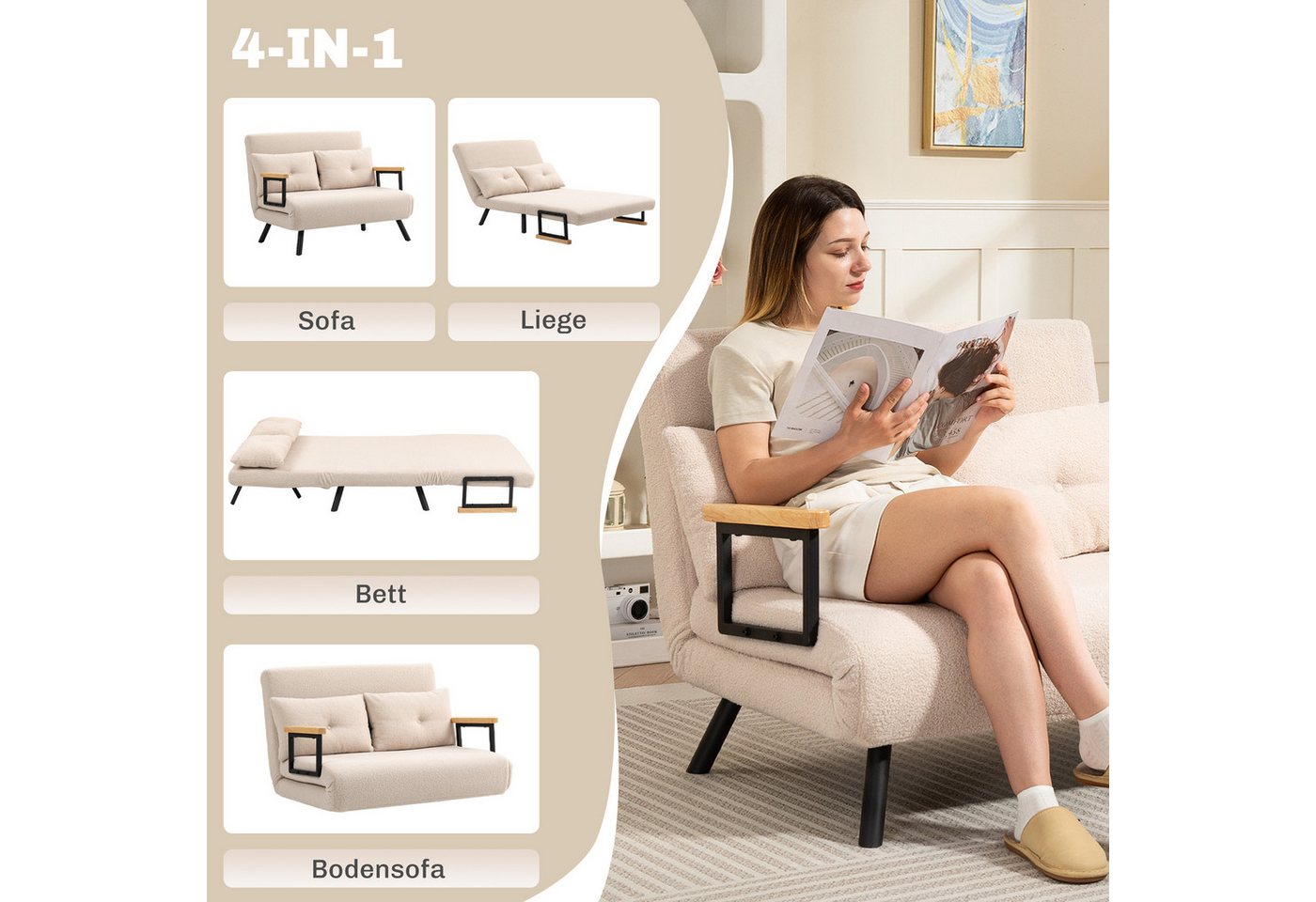 HOMCOM Schlafsofa 4 in 1 2 Sitzer Sofa Schlafcouch mit Samtoptik, Lendenkissen, Verstellbare Couch 1 Teile, 102 x 73 x 81 cm, Beige – Bild 4 von 5