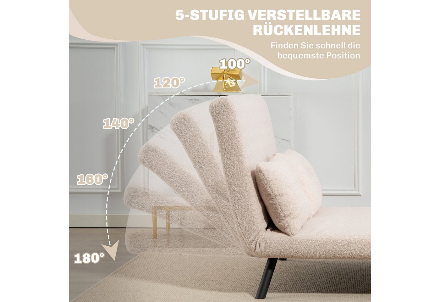 HOMCOM Schlafsofa 4 in 1 2 Sitzer Sofa Schlafcouch mit Samtoptik, Lendenkissen, Verstellbare Couch 1 Teile, 102 x 73 x 81 cm, Beige – Bild 5 von 5