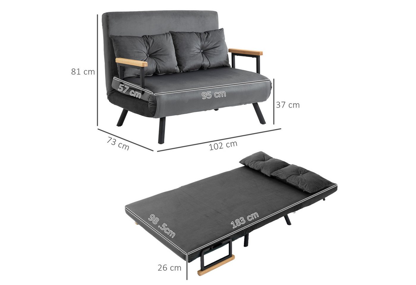 HOMCOM Schlafsofa 4 in 1 2 Sitzer Sofa Schlafcouch mit Samtoptik, Lendenkissen, Relaxsessel 1 Teile, für Wohnzimmer, Dunkelgrau – Bild 3 von 5