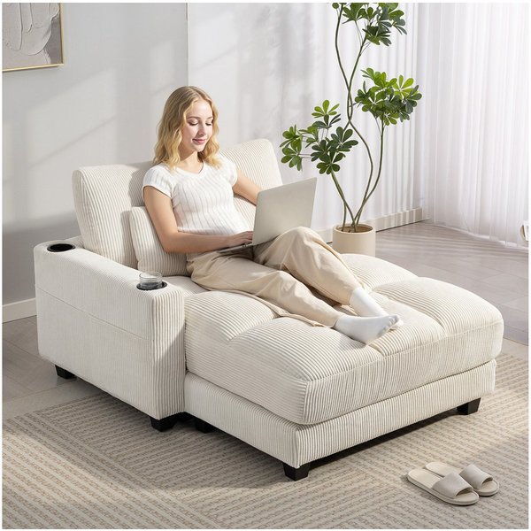 HOMCOM Schlafsofa Chaiselongue 2 Sitzer, Cord-Optik, Links/Rechts Armlehne, Sofa mit Schlaffunktion 1 Teile, für Wohnzimmer, Schlafzimmer, Cremeweiß