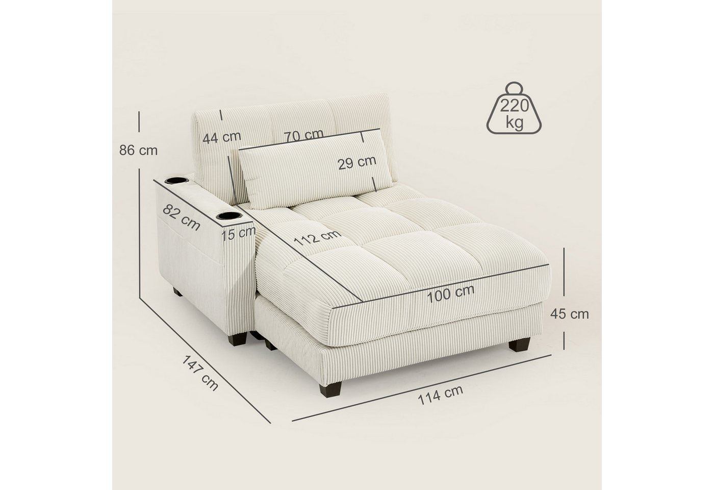 HOMCOM Schlafsofa Chaiselongue 2 Sitzer, Cord-Optik, Links/Rechts Armlehne, Sofa mit Schlaffunktion 1 Teile, für Wohnzimmer, Schlafzimmer, Cremeweiß – Bild 3 von 5