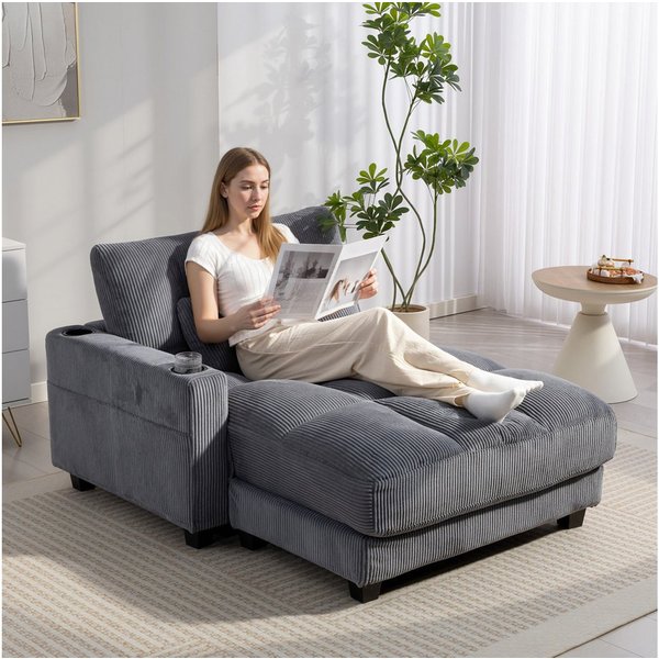 HOMCOM Schlafsofa Chaiselongue 2 Sitzer, Cord-Optik, Links/Rechts Armlehne, Sofa mit Schlaffunktion 1 Teile, für Wohnzimmer, Schlafzimmer, Dunkelgrau