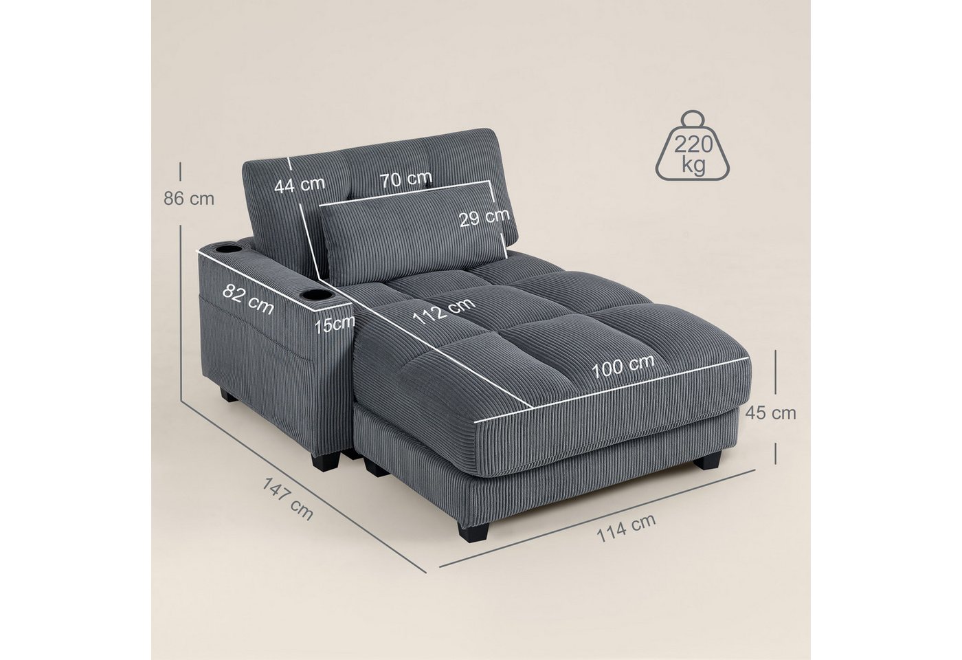 HOMCOM Schlafsofa Chaiselongue 2 Sitzer, Cord-Optik, Links/Rechts Armlehne, Sofa mit Schlaffunktion 1 Teile, für Wohnzimmer, Schlafzimmer, Dunkelgrau – Bild 3 von 5