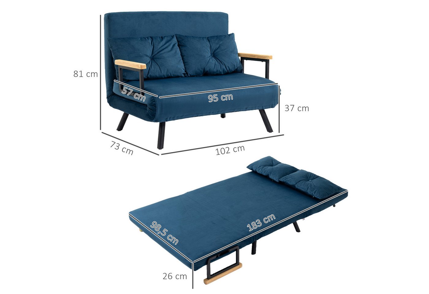 HOMCOM Schlafsofa Polystersofa mit Verstellbarer Rückenlehne und Rückenkissen, Polstersofa 1 Teile, mit Verstellbarer Rückenlehne, Blau, 102 x 73 x 81 cm – Bild 3 von 5
