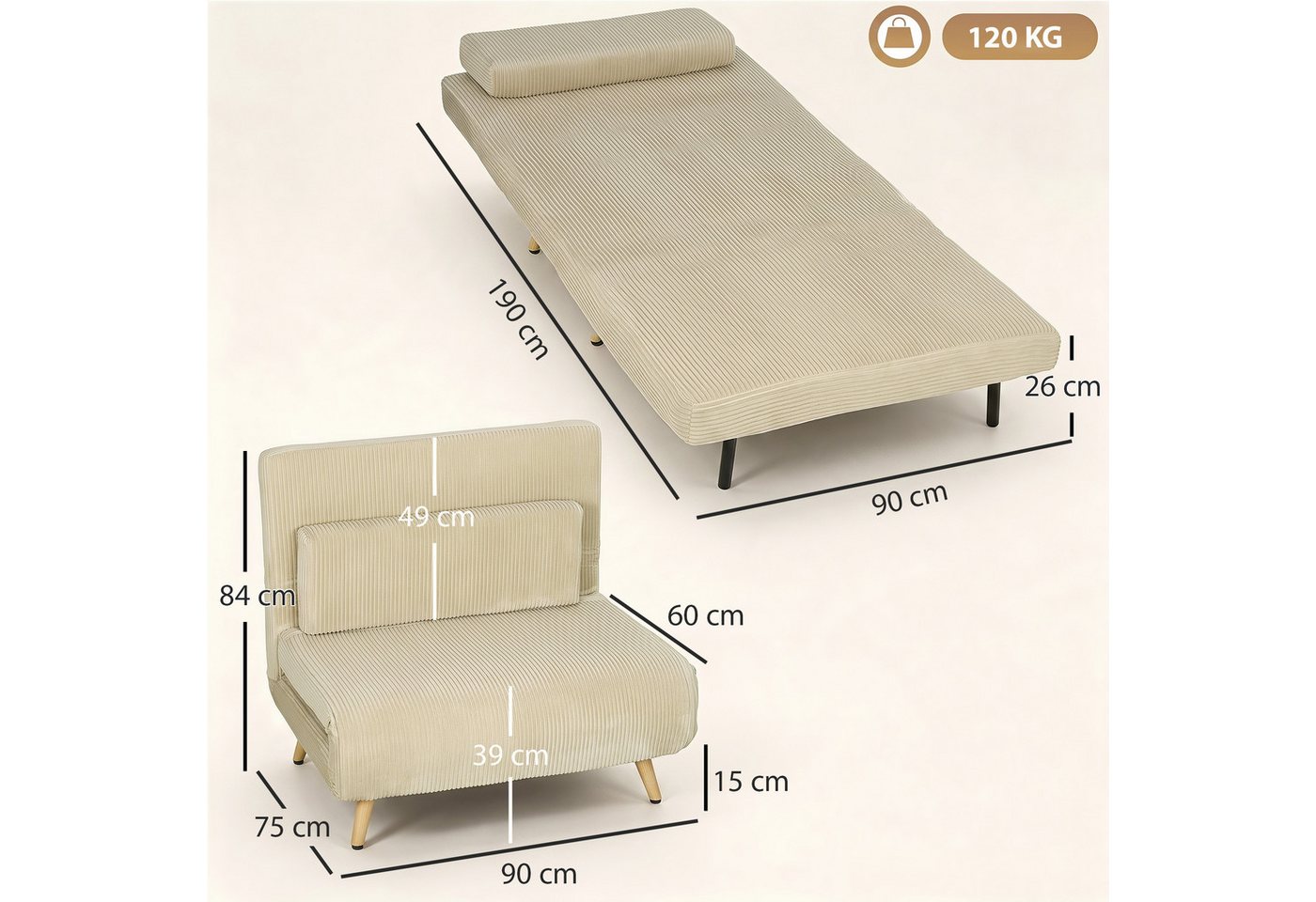 HOMCOM Schlafsofa Schlafsessel 3 in 1 mit Bettfunktion, Verstellbarer Rückenlehne, Set 1 Teile, 3-in-1, Click-Clack, Rückenlehne 6-fach – Bild 3 von 5