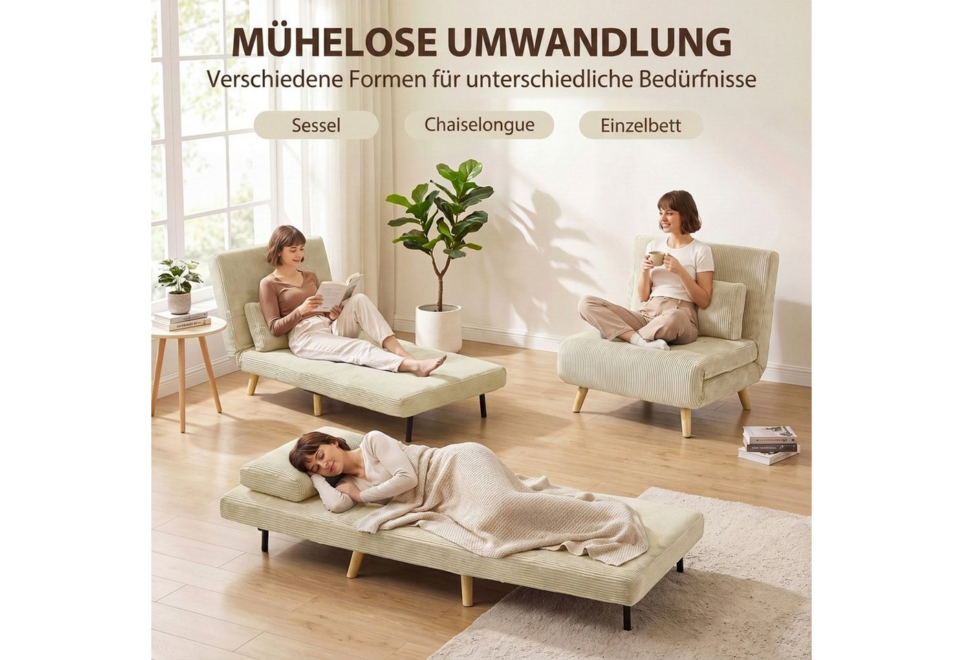 HOMCOM Schlafsofa Schlafsessel 3 in 1 mit Bettfunktion, Verstellbarer Rückenlehne, Set 1 Teile, 3-in-1, Click-Clack, Rückenlehne 6-fach – Bild 4 von 5