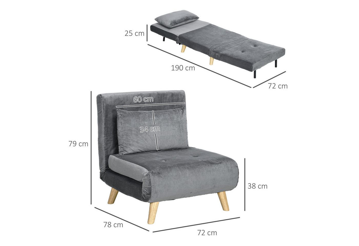 HOMCOM Schlafsofa Schlafsessel klappbar mit Bettfunktion, Gästebett in Leinenoptik, Klappsessel 1 Teile, für Wohnzimmer, Grau – Bild 3 von 5