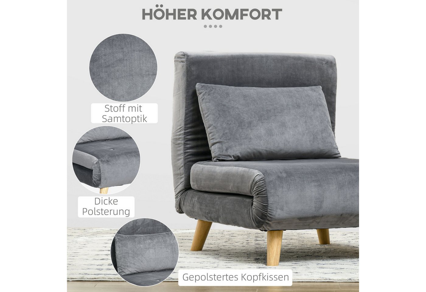HOMCOM Schlafsofa Schlafsessel klappbar mit Bettfunktion, Gästebett in Leinenoptik, Klappsessel 1 Teile, für Wohnzimmer, Grau – Bild 4 von 5